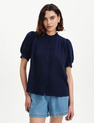 Finery Teagan Cotton Cheesecloth Pintuck Blouse in Navy at Nordstrom, Size 20