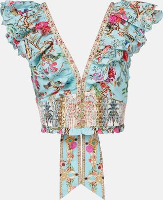 Camilla Embellished floral cotton poplin crop top