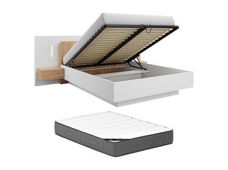 Vente-Unique Canap&eacute; abatible con mesitas de noche 160 x 200 cm - 2 cajones - Con LEDs - Color: Blanco y natural + Colch&oacute;n - FRANCOLI