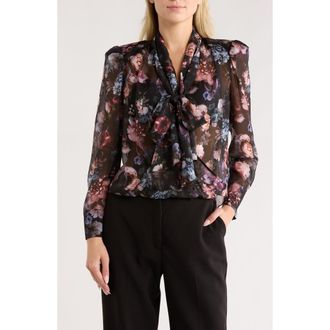 L'agence Cambria Floral Tie Neck Silk Top in Black Multi Vintage Oil Flower at Nordstrom Rack, Size Xx-Small