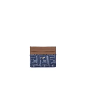 Fendi Wallets & Cardholders, male, Blue, Size: ONE SIZE Embroidered Denim Card Holder with Metal Logo
