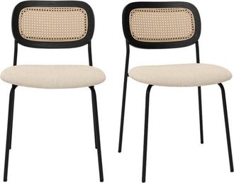 Miliboo Miliboo - Sillas De Dise&ntilde;o En Tela Efecto Terciopelo Texturizado Beige, Metal Negro Y Rejilla De Rat&aacute;n (juego De 2) Miranda