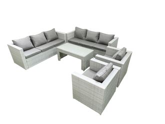 Fimous Outdoor Garden Furniture Rattan Sofa Set with 2 Armchairs Oblong Coffee Table Light Grey Mixed