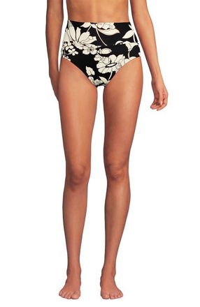 Lands End Chlorine Resistant Pinchless High Waisted Bikini Bottoms in Black/egret Lilies at Nordstrom, Size 14