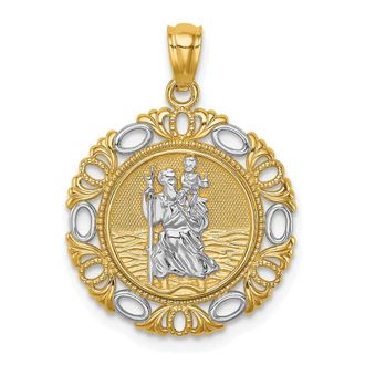 Diamond2Deal 14k Yellow Gold White Rhodium Solid St. Christopher Medal Edge Pendant