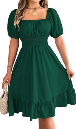 Generic Milk Maid Dress for Women Square Neck Puff Sleeve Dress Cute Summer Tie Front A Line Tunic Dresses Green