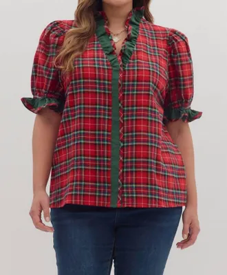 Entro Plaid Puff Sleeve Top - Plus In Red