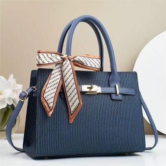 Generic Womens Light Luxury Textured Handbag with Decorative Scarf, Structured Tote Bag with Metal Hardware (Blue)