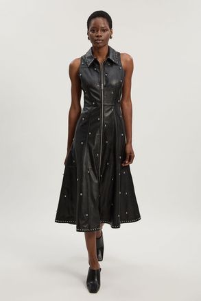 Karen Millen Womens Studded Leather Zip through Full Midi Dress - Black - Size 12 UK