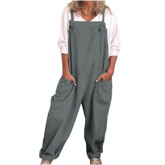 Generic Dungarees for Women UK | Loose Breathable Cotton Linen Jumpsuits & Playsuits Classic Elegant Solid Pockets Baggy Overalls Adjustable Strap Square Neck