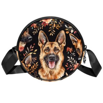 Generic Circle Crossbody Bag for Women, German Shepherd Dog Flower Small Sling Bag Daypack with Zipper Adjustable Shoulder Straps Casual Ladies Girls Round Pu