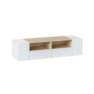 HOMN Mueble tv 4 puertas color blanco y roble, 138 x 42 x 36 cm