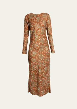 Dries Van Noten Floral Satin Long-Sleeve Midi Dress