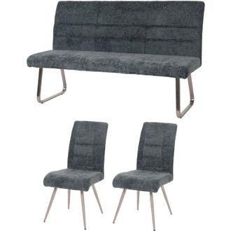 Hhg Hhg - Juego De Comedor 102, Juego De 2 Sillas + Banco 160cm, Acero Inoxidable Cepillado Tela/textil Chenilla, Azul-verde