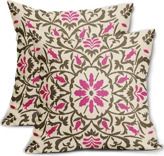 OEM Fundas De Coj&iacute;n De Estilo Bohemio En Tonos Marr&oacute;n Y Rosa Brillante, 20x20 Pulgadas, Estampado Floral Vintage, Funda De Lino, Decoraci&oacute;n De Estilo R&uacute;st