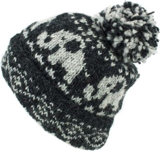 Loud Elephant Wool Knit Bobble Beanie Hat - Charcoal Pattern