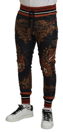 Dolce & Gabbana Mens Gray Silk Baroque Crown Trousers Sport Pants
