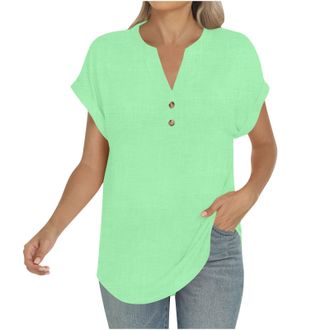 Generic Ladies Summer Tops Button Short Sleeve V Neck Tops Dressy Casual Hawaiian Shirts Cotton Linen Workout Holiday Tunic Blouses Loose Floral Boho T Shirts