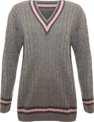 Crazy Girls New Ladies V Neck Cable Knitted Cricket Jumper Womens Stretch Long Sleeve Stripe Top (12/14, Grey)