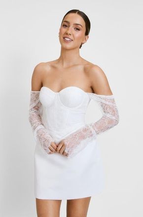 Six Stories Lace Bardot Mini Dress in White at Nordstrom, Size 10