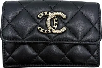 Chanel Black Rhinestone Leather Artificial Pearl Wallet (Tri-Fold) (Pre-Owned)