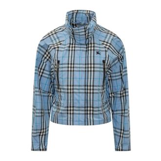 Burberry Rain Jackets, female, Blue, Size: M High Neck Zip Jacket