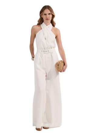 Karen Millen Linen Blend Wide Leg Belted Jumpsuit in White at Nordstrom, Size 2