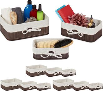 Relaxdays Relaxdays - Cestos Almacenaje, Set 12, Bamb&uacute; Funda Tela, Armario Y Estante, Caja Almacenamiento, 3 Tama&ntilde;os, Marr&oacute;n, Blanco