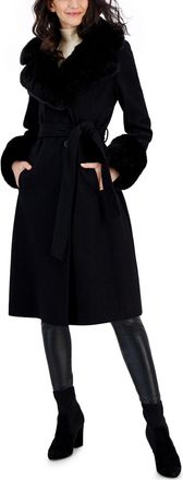 Via Spiga Womens Faux-Fur-Trim Belted Wrap Coat
