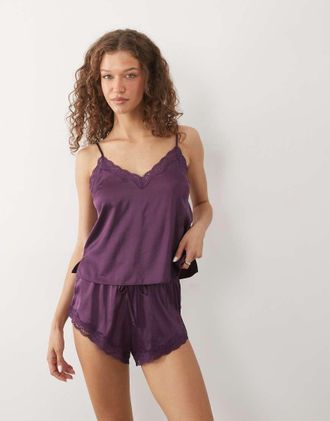 Boux Avenue Daisy - Completo con canottiera e pantaloncini in raso viola