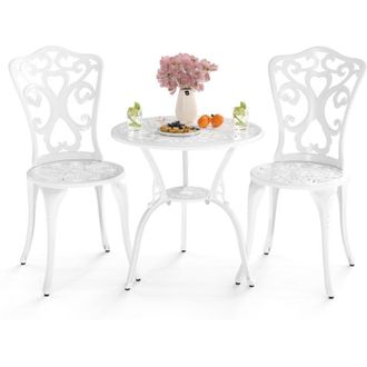 Costway Set da bistrot da esterno 3 pezzi, Sedie e tavolo in alluminio pressofuso, Resistente alle intemperie con foro per ombrellone, Bianco