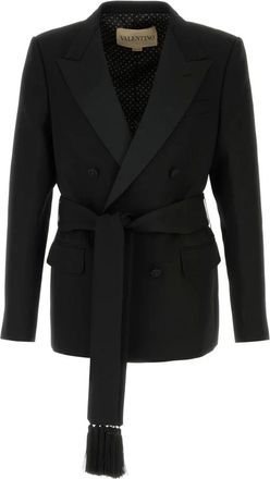Valentino Dubbelrijige blazer van scheerwol met riem - Dames - Jassen - Zwart - Maat: XL Wol