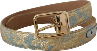 Dolce & Gabbana Womens Blue Leather Jacquard Embossed Gold Metal Buckle Belt Light Canvas