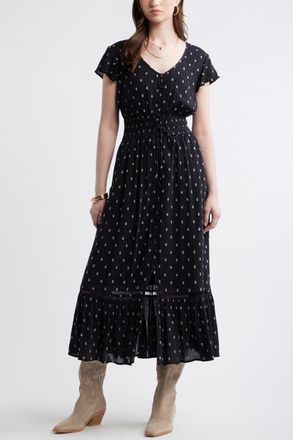 Treasure & Bond Smocked Dobby Maxi Dress in Black- Ivory Dobby Dot at Nordstrom, Size Xx-Small