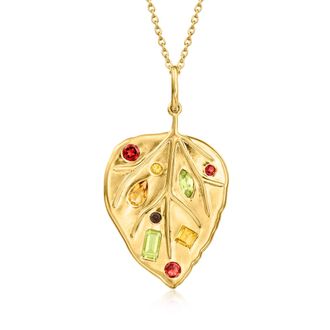 Ross-Simons Multi-Gemstone Leaf Pendant Necklace in 18kt Gold Over Sterling