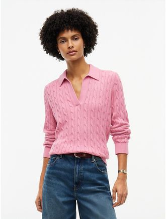 Tommy Hilfiger Womens Open Placket Cable Knit Sweater Polo - Mystic Pink - XXL