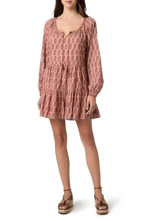 Paige Boardwalk Floral Long Sleeve Cotton Minidress in Salmon Multi at Nordstrom, Size Xx-Small