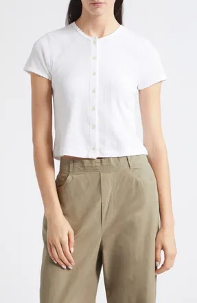 Leset Short Sleeve Cotton Pointelle Cardigan in White at Nordstrom, Size X-Large