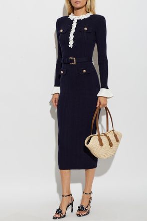 Self Portrait Ribbed Knit Dress, Womens, Navy Blue
