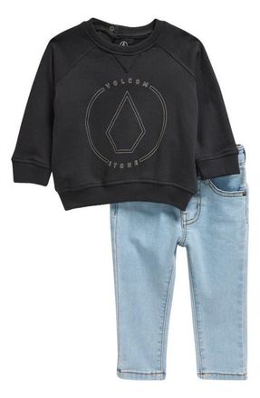 Volcom Graphic French Terry Sweatshirt & Jeans Set in Black at Nordstrom, Size 18M