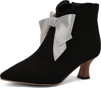 Generic Womens Faux Suede Ankle Boots with Bow Mid Kitten Heel Short Boots Pointed Toe Booties with Side Zipper,Black,10.5 UK