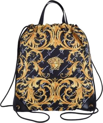 Versace Womens Nylon Barocco Signature Print Drawstring Backpack In Black
