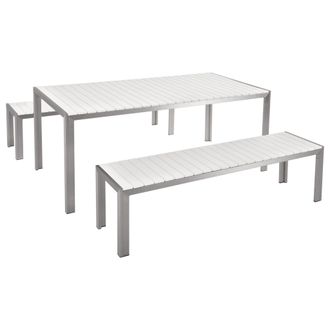 Beliani Conjunto De Comedor 6 Plazas De Metal Blanco Plateado Cepillado 2 Bancos Nardo