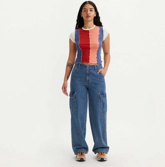 Levi's 94 Baggy Cargo Jeans Women Blue Denim Mid Rise Straight Leg KFC1154