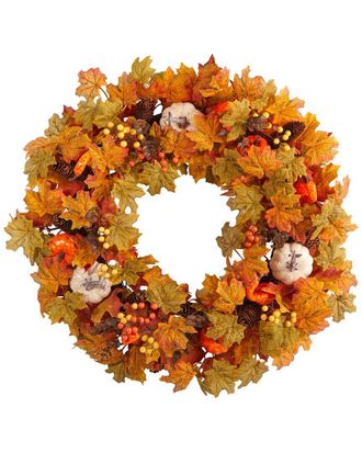 Nearly Natural 30In. Autumn Pumpkin & Maple Leaf Artificial Fall Wreath