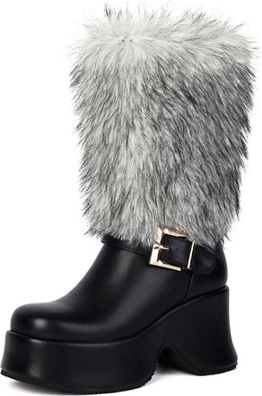 Generic Womens Round Toe Faux Leather Winter Boots Wedge High Heel Platform Boot Pull on Mid-Calf Boots,Black,6.5 UK