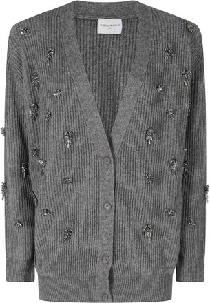 Isabelle Blanche Grey Embellished V-Neck Wool-Blend Cardigan