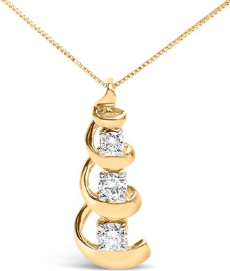 House of Brilliance 10k Yellow Gold 1/4 Cttw Diamond 3 Stone Swirl and Drop Pendant Necklace