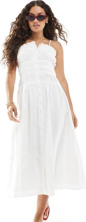 Miss Selfridge Vestito lungo bianco in popeline con bottoni e corpino arricciato