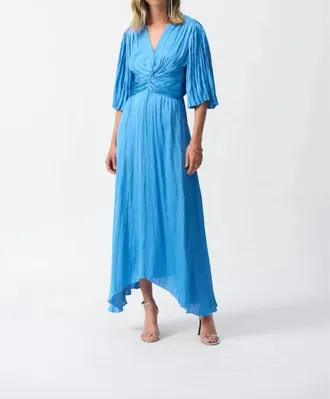 Joseph Ribkoff Pleated Satin Midi Dress In Coastal Blue